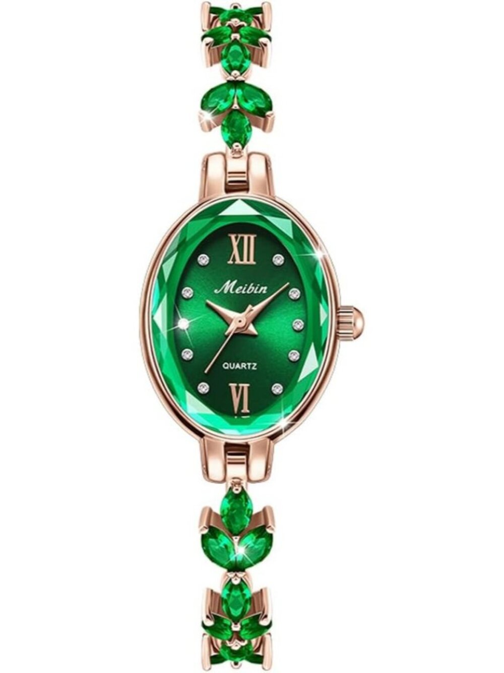 Women's Green Crystal Diamond Bangle Ladies Bracelet Luxury Oval Gold Watches